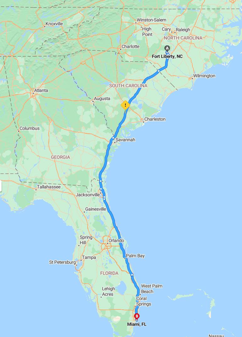 driving from Fort Bragg, North Carolina to MiamiFlorida - map and route