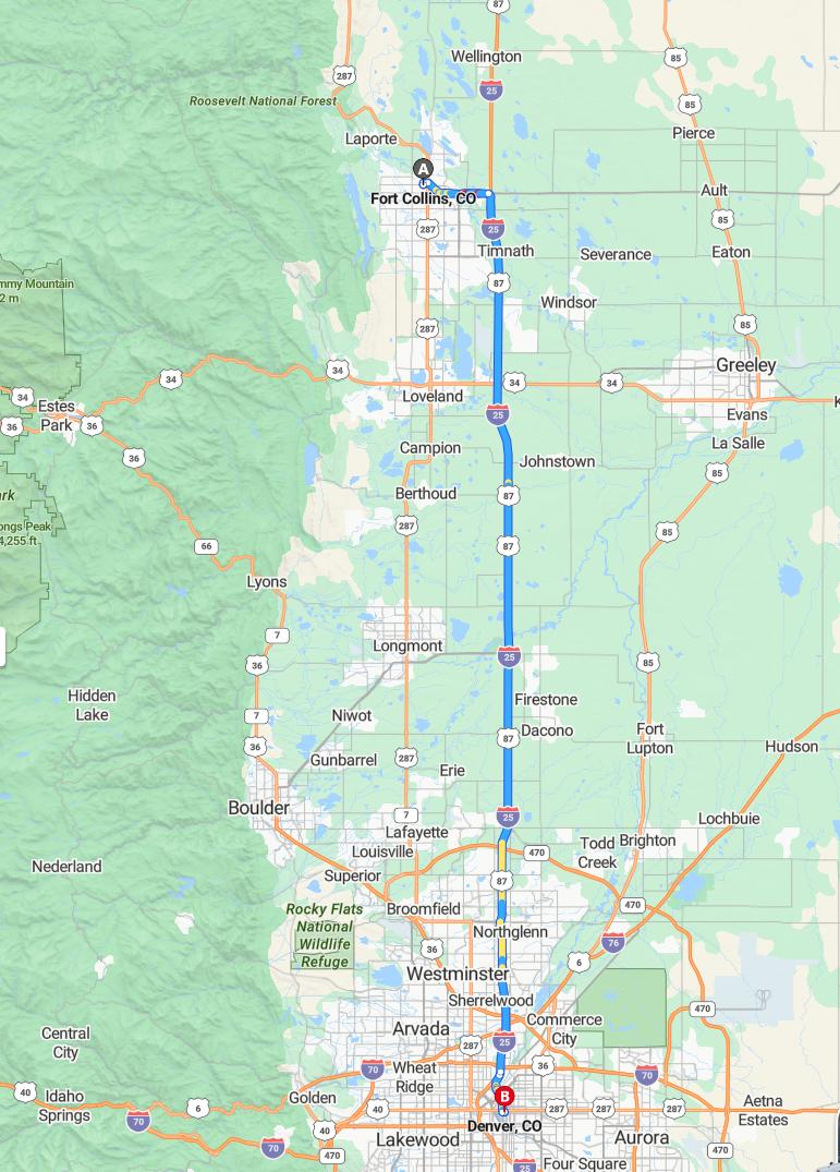 driving from Fort Collins, Colorado to DenverColorado - map and route