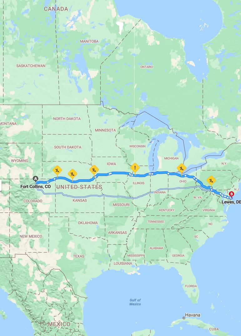 driving from Fort Collins, Colorado to LewesDelaware - map and route