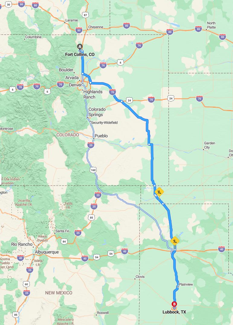 driving from Fort Collins, Colorado to LubbockTexas - map and route