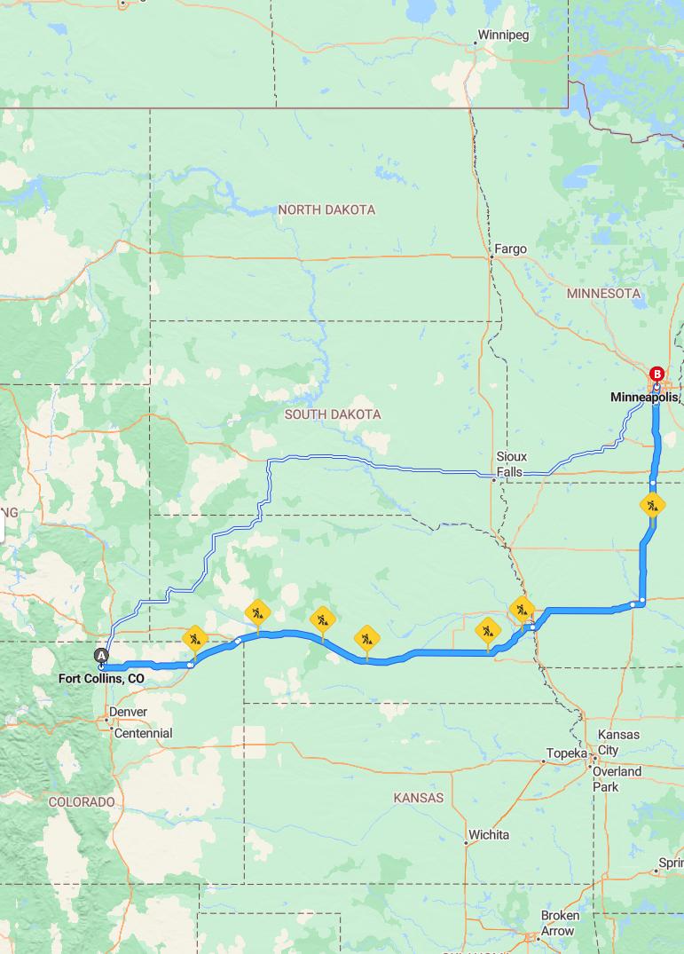 driving from Fort Collins, Colorado to MinneapolisMinnesota - map and route