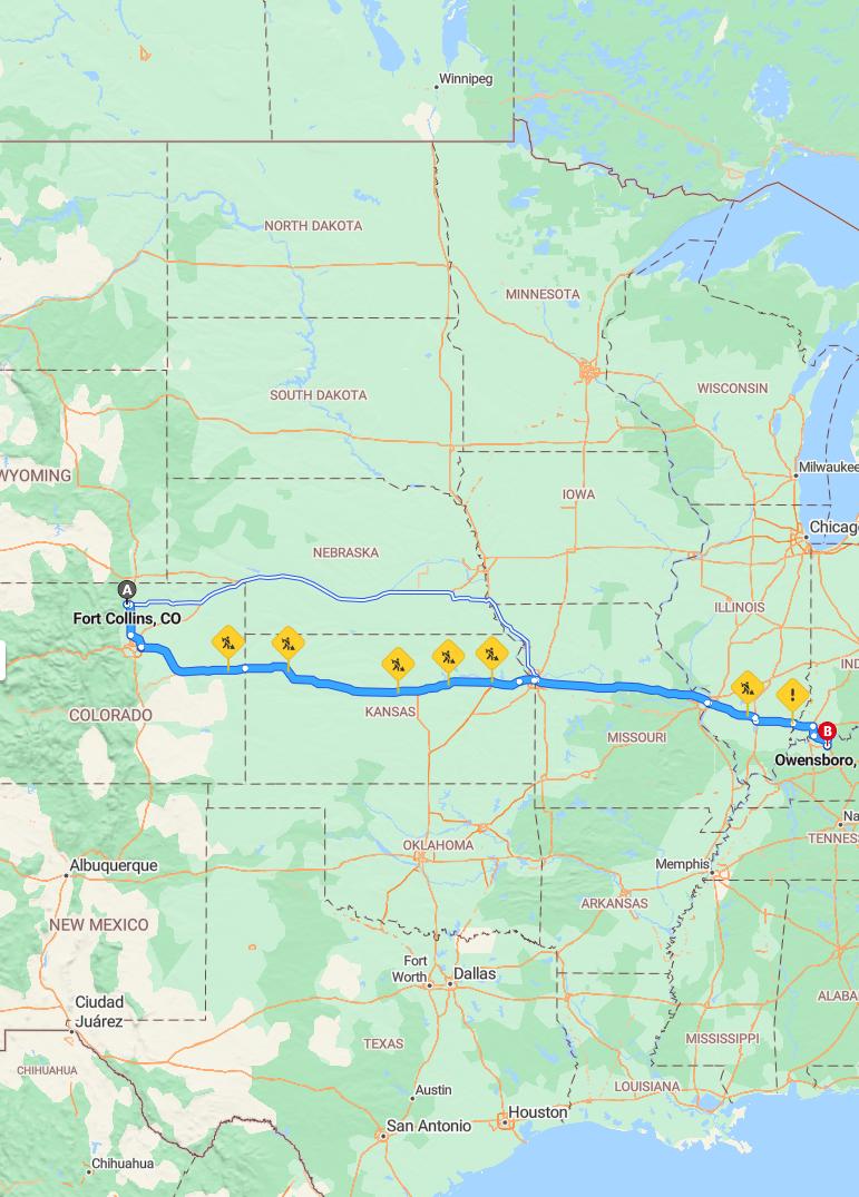 driving from Fort Collins, Colorado to OwensboroKentucky - map and route