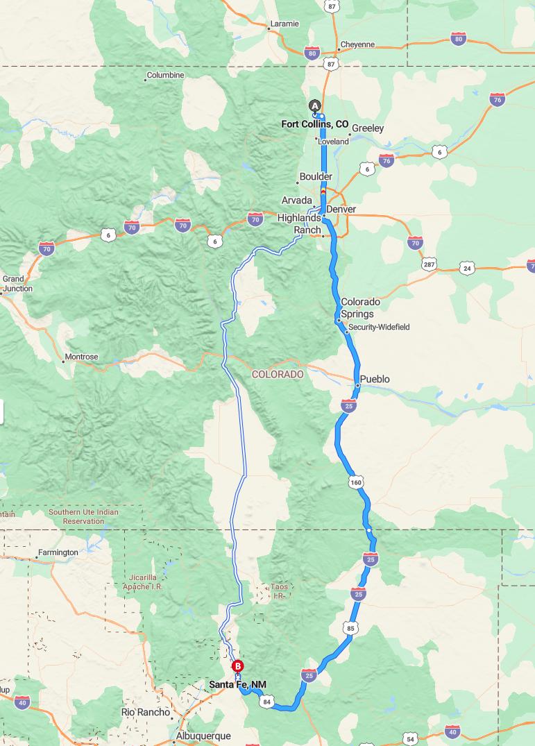driving from Fort Collins, Colorado to Santa FeNew Mexico - map and route