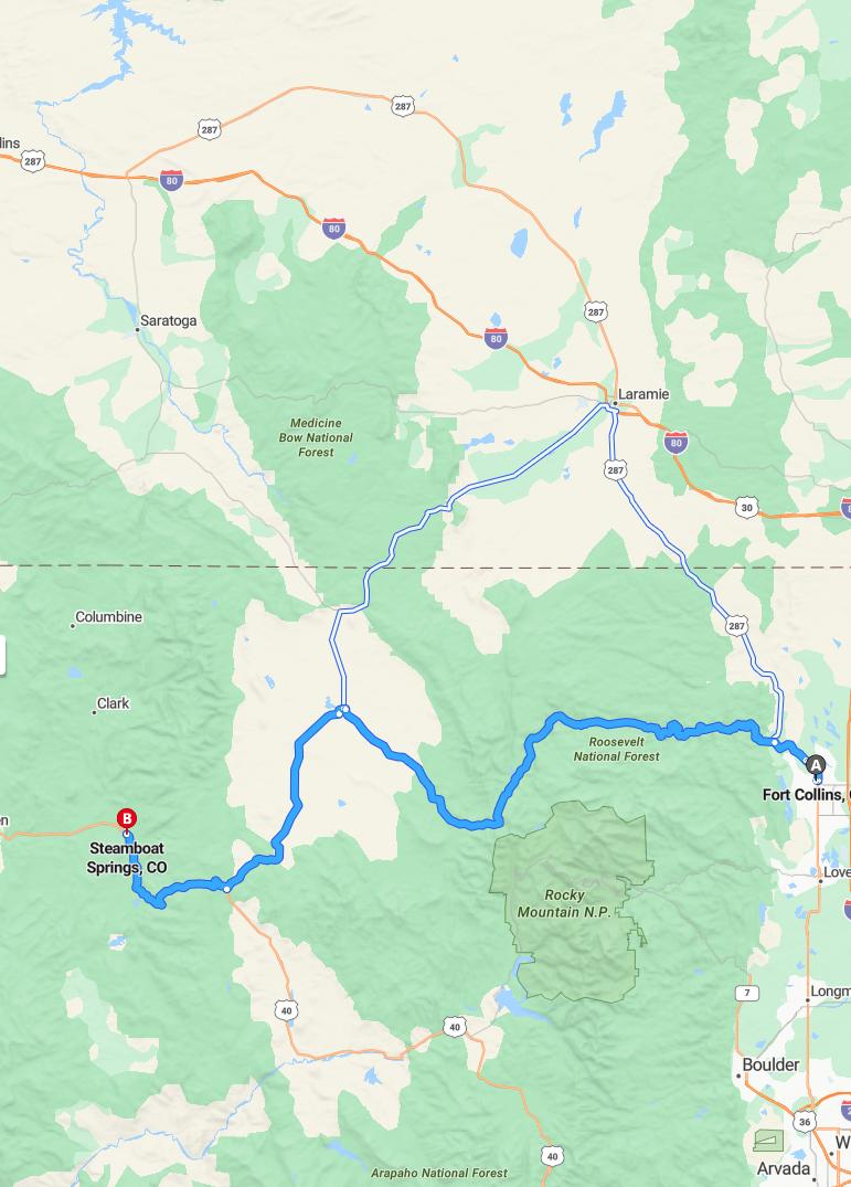 driving from Fort Collins, Colorado to Steamboat SpringsColorado - map and route