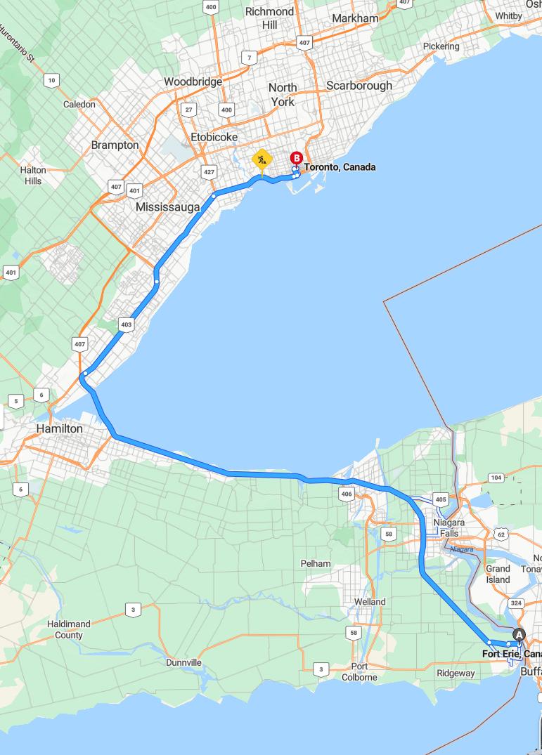 driving from Fort Erie, Ontario to TorontoOntario - map and route