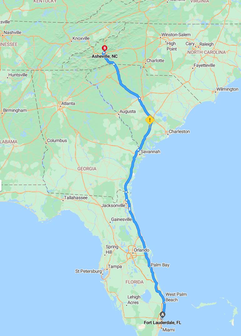 driving from Fort Lauderdale, Florida to AshevilleNorth Carolina - map and route