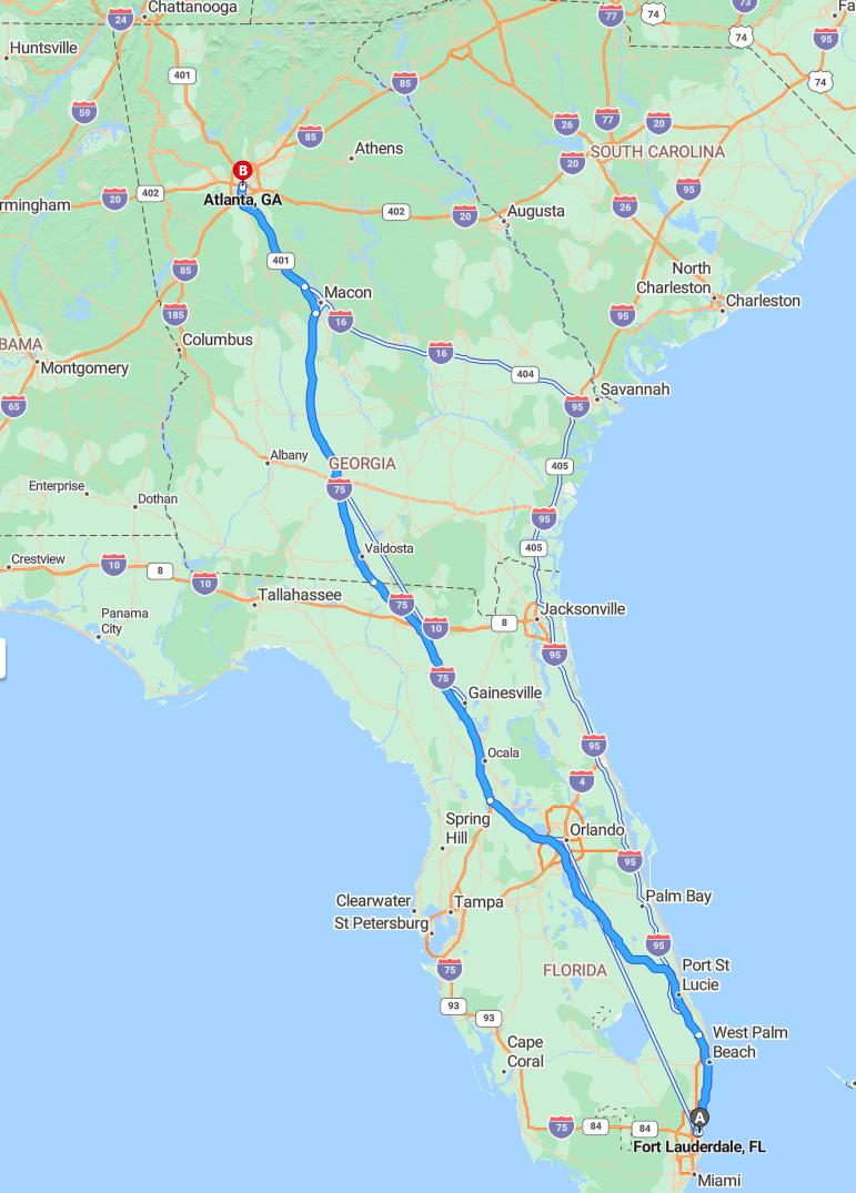 driving from Fort Lauderdale, Florida to AtlantaGeorgia - map and route
