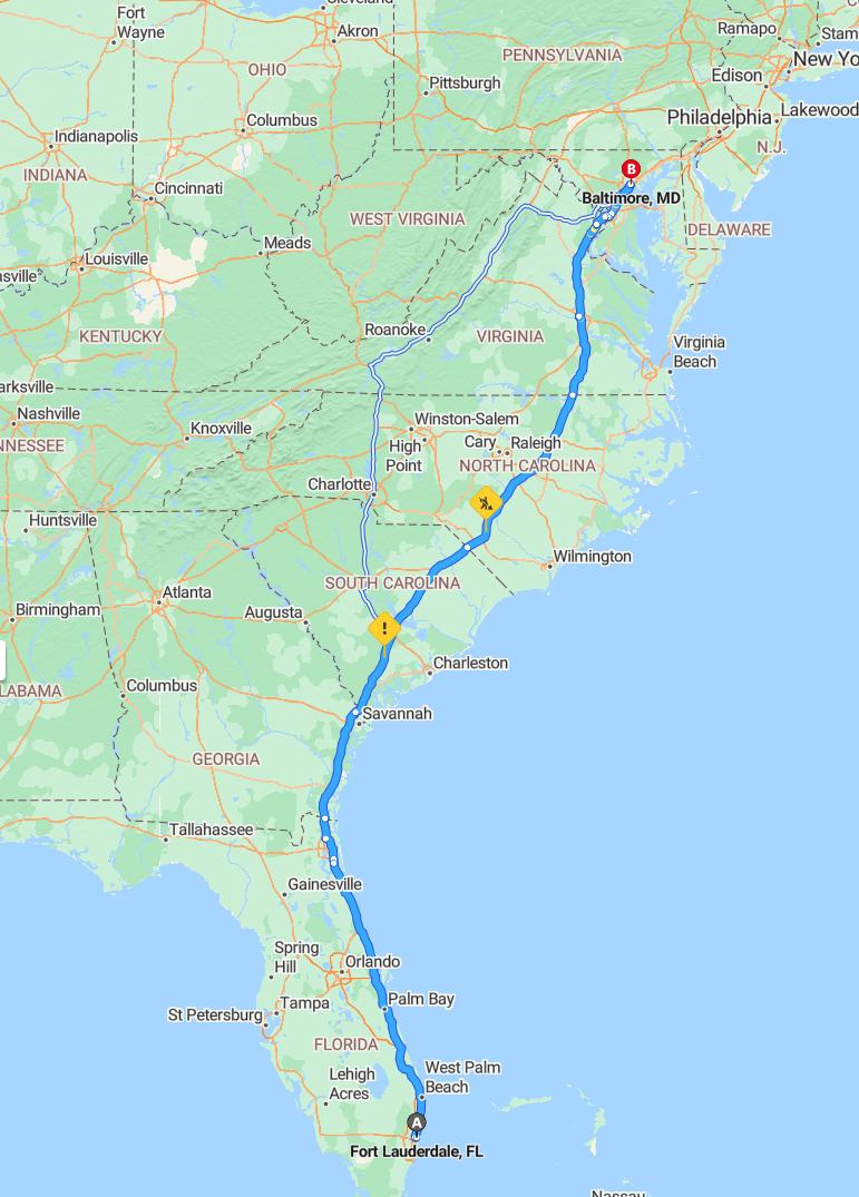 driving from Fort Lauderdale, Florida to BaltimoreMaryland - map and route