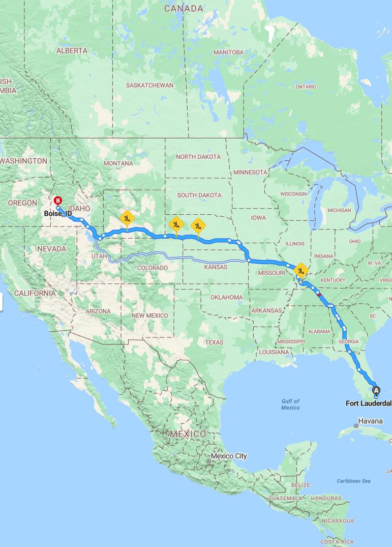 driving from Fort Lauderdale, Florida to BoiseIdaho - map and route