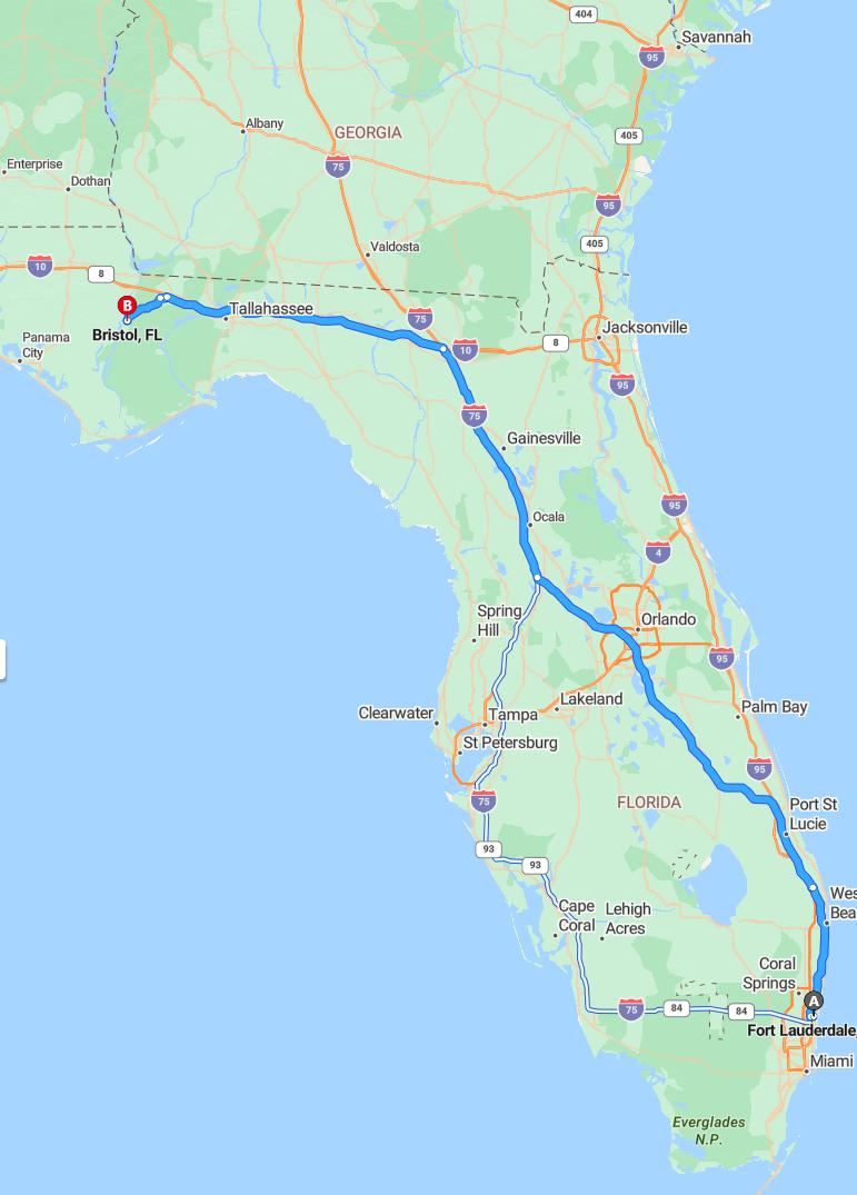 driving from Fort Lauderdale, Florida to BristolFlorida - map and route