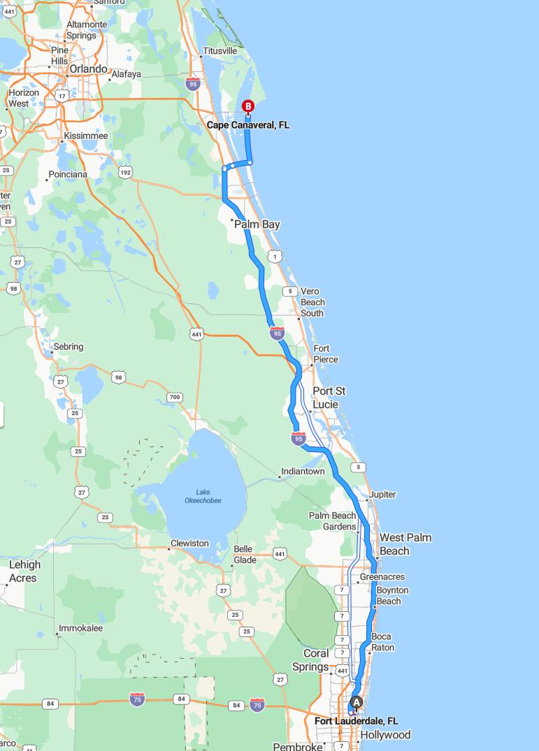 driving from Fort Lauderdale, Florida to Cape CanaveralFlorida - map and route