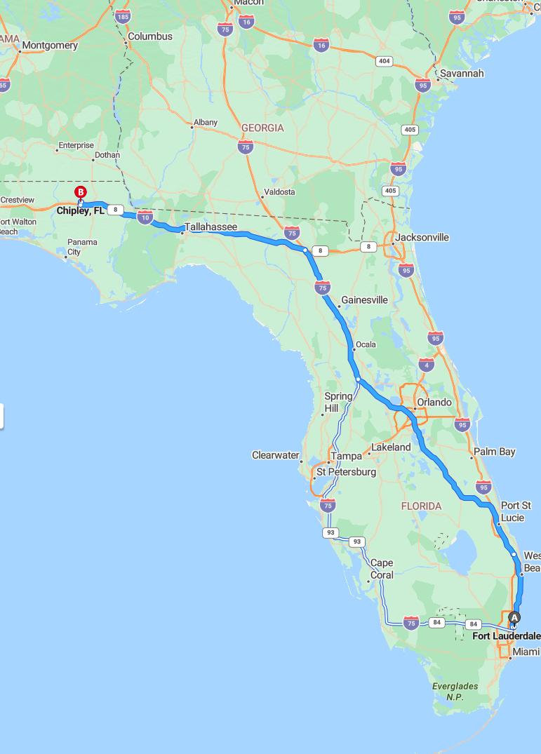 driving from Fort Lauderdale, Florida to ChipleyFlorida - map and route