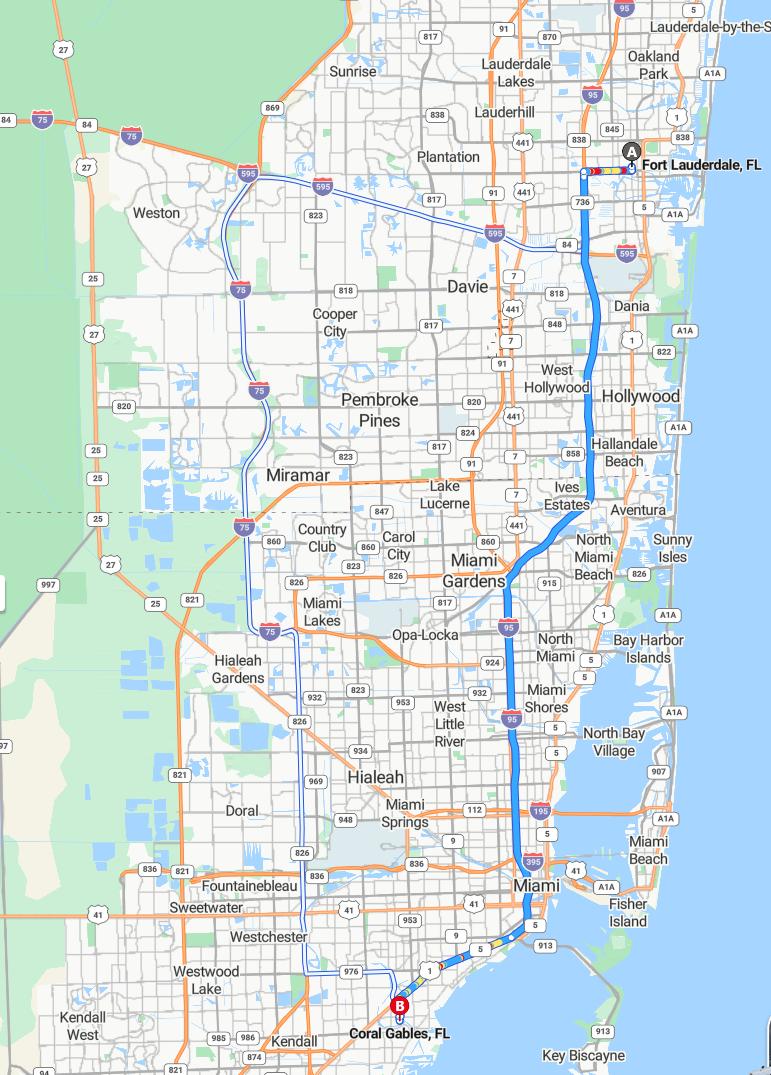 driving from Fort Lauderdale, Florida to Coral GablesFlorida - map and route