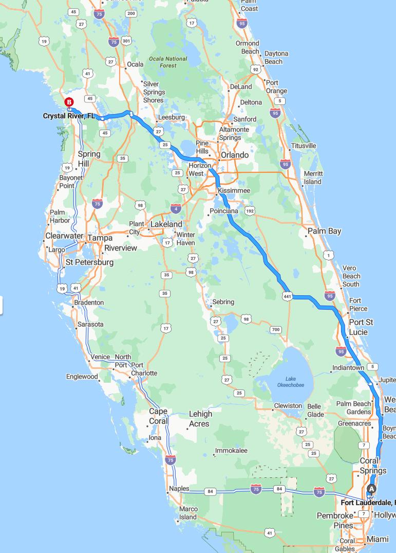 driving from Fort Lauderdale, Florida to Crystal RiverFlorida - map and route