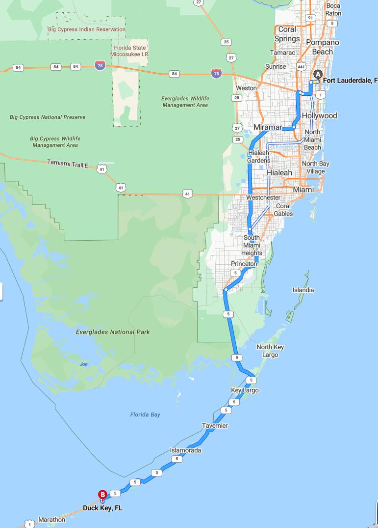 driving from Fort Lauderdale, Florida to Duck KeyFlorida - map and route