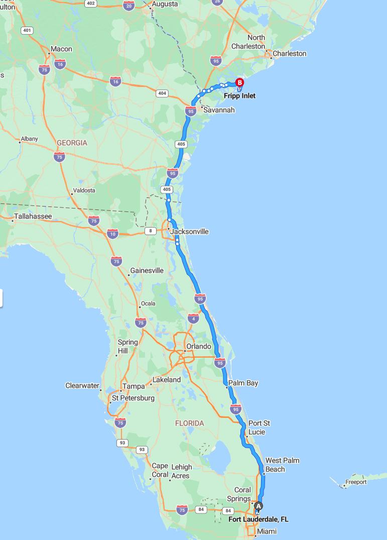 driving from Fort Lauderdale, Florida to Fripp IslandSouth Carolina - map and route