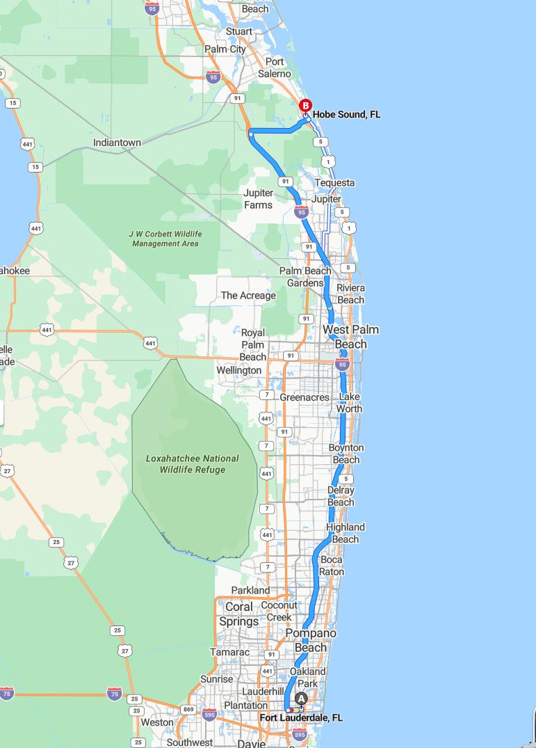 driving from Fort Lauderdale, Florida to Hobe SoundFlorida - map and route