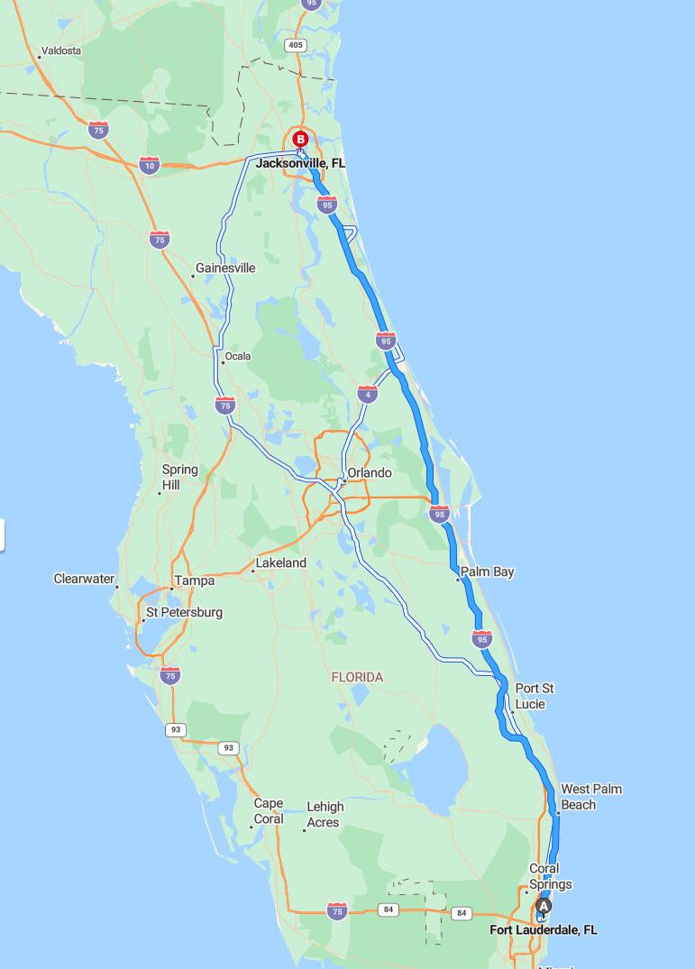 driving from Fort Lauderdale, Florida to JacksonvilleFlorida - map and route