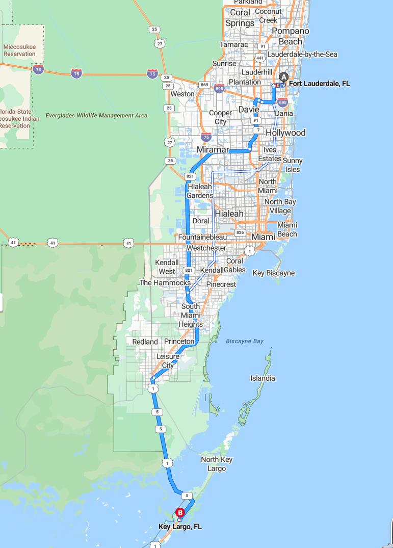 driving from Fort Lauderdale, Florida to Key LargoFlorida - map and route