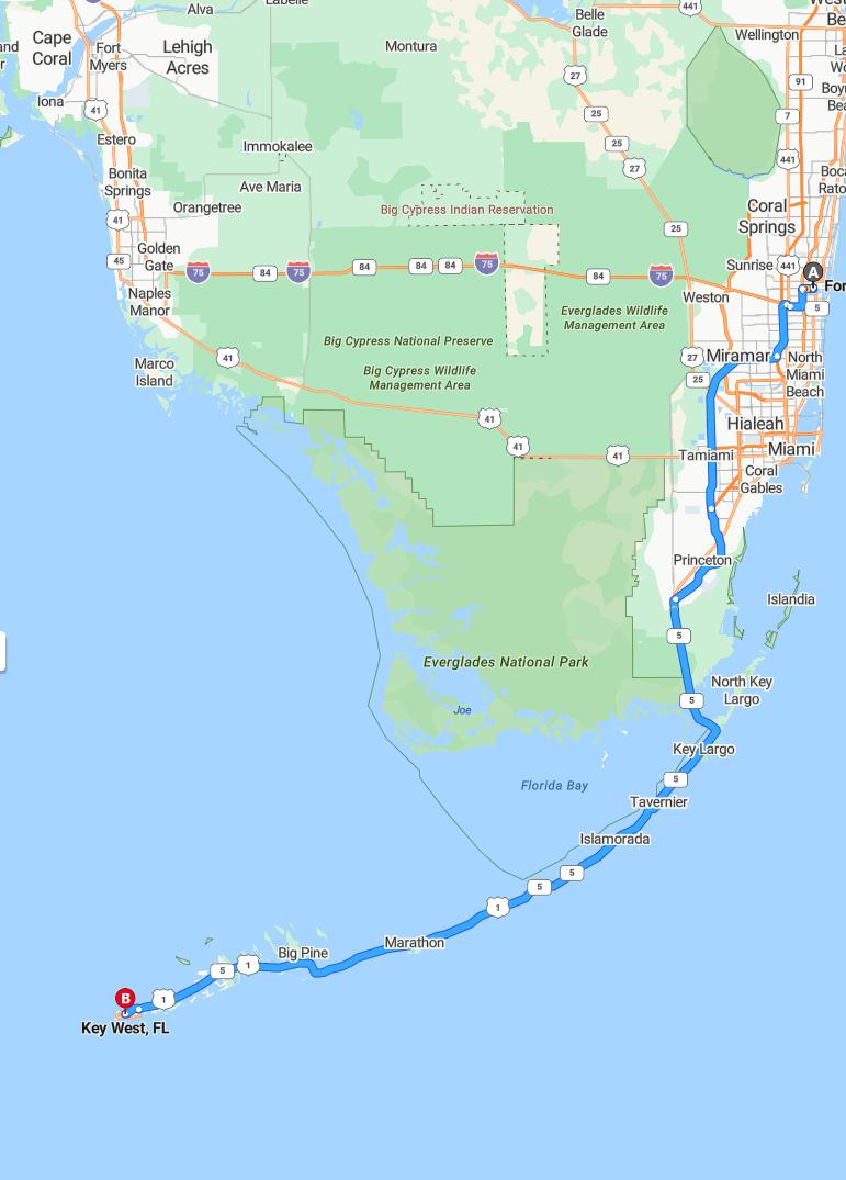 driving from Fort Lauderdale, Florida to Key WestFlorida - map and route