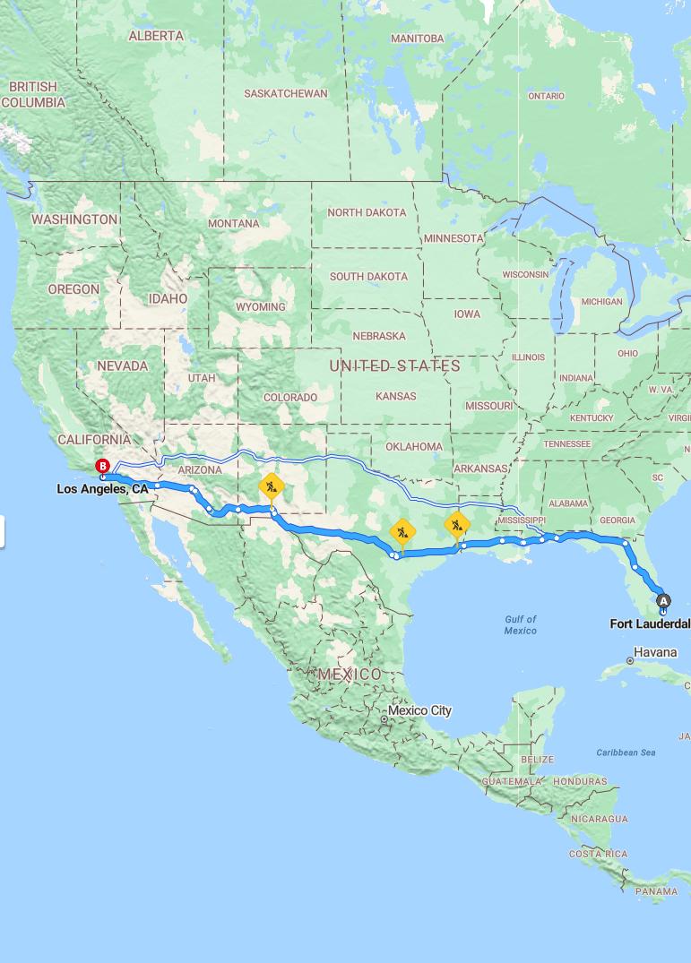 driving from Fort Lauderdale, Florida to Los AngelesCalifornia - map and route