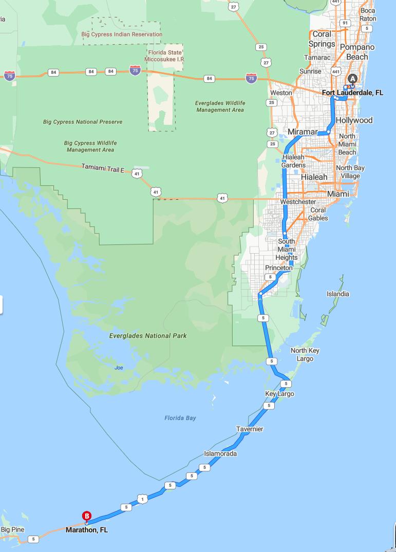 driving from Fort Lauderdale, Florida to MarathonFlorida - map and route