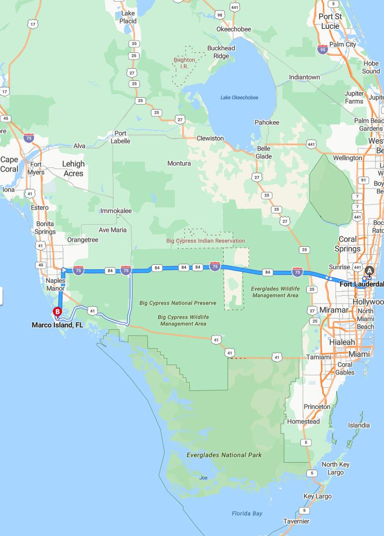 driving from Fort Lauderdale, Florida to Marco IslandFlorida - map and route