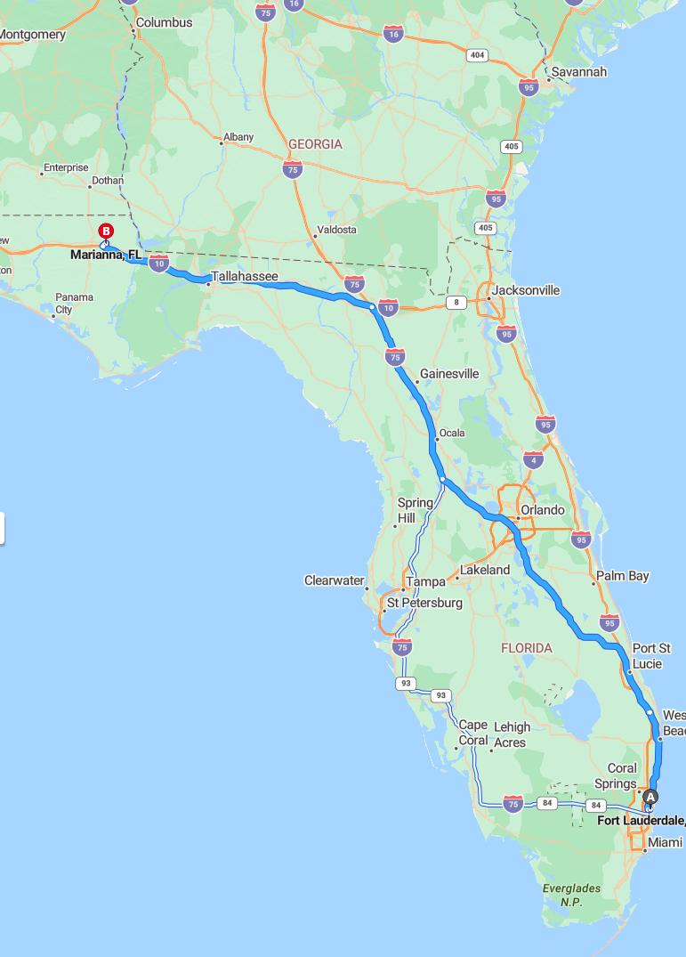 driving from Fort Lauderdale, Florida to MariannaFlorida - map and route