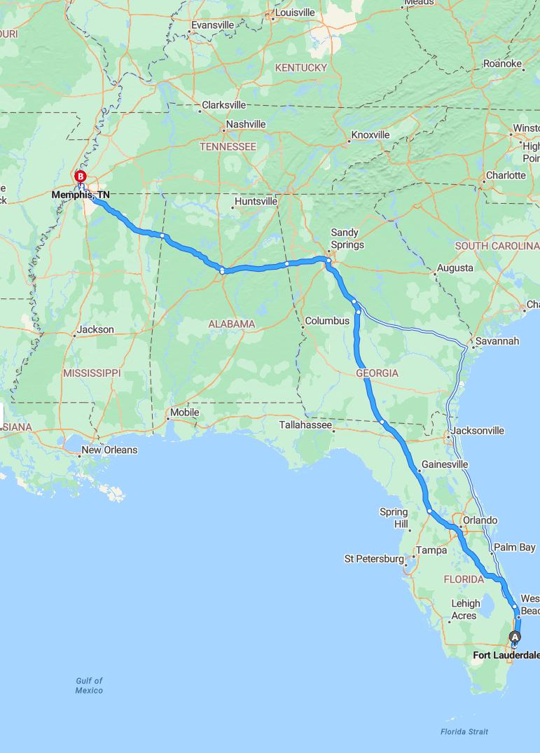 driving from Fort Lauderdale, Florida to MemphisTennessee - map and route