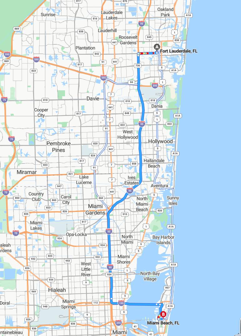 driving from Fort Lauderdale, Florida to Miami BeachFlorida - map and route