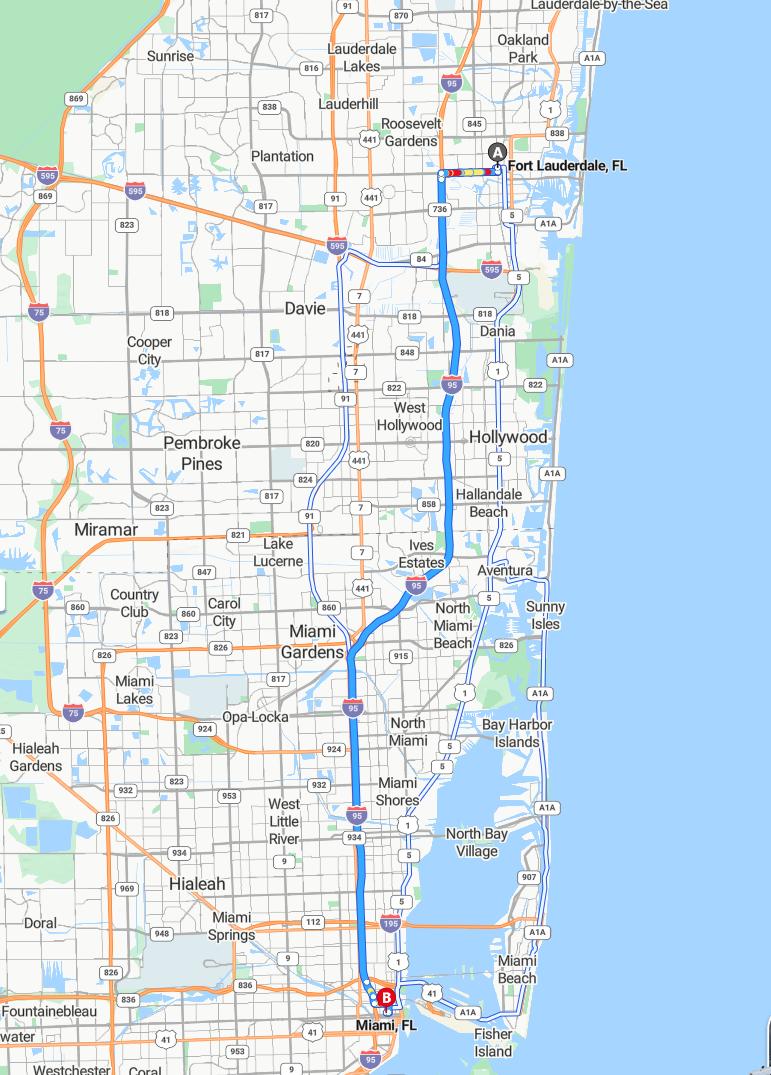 driving from Fort Lauderdale, Florida to MiamiFlorida - map and route