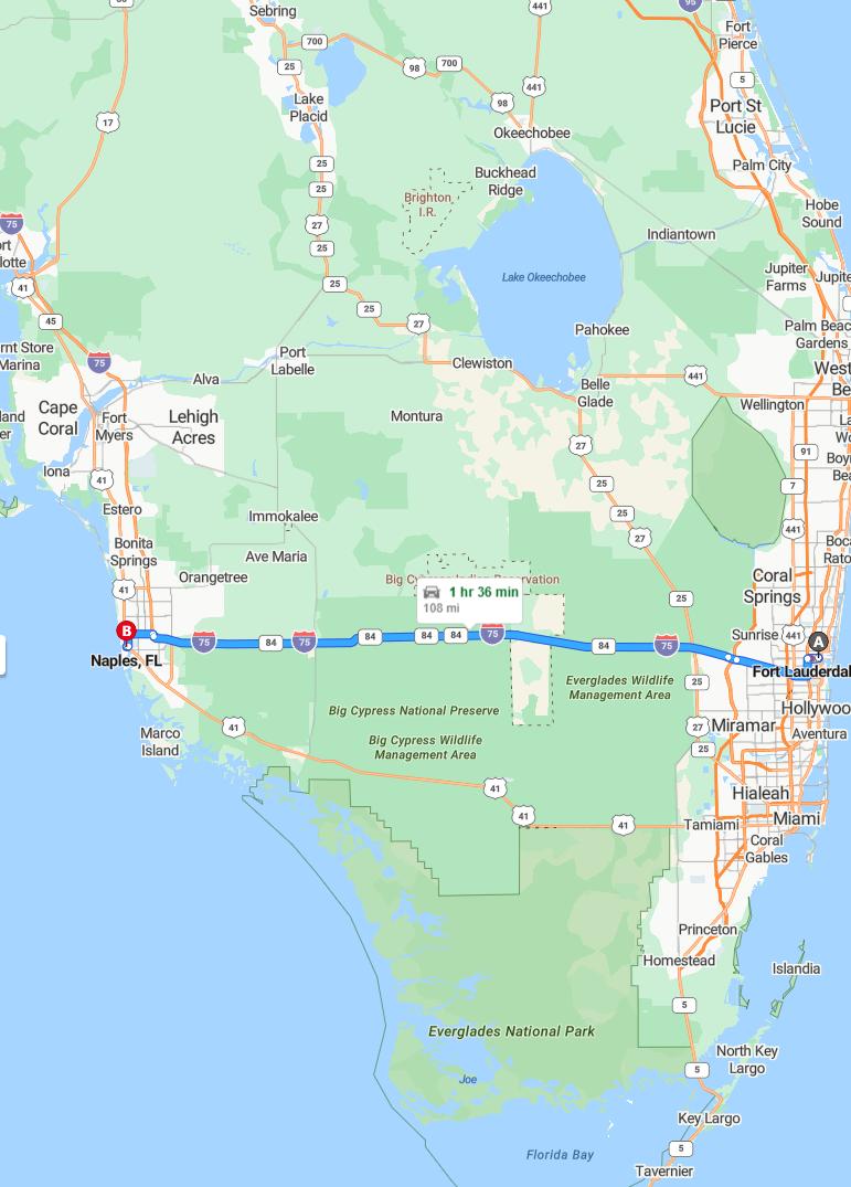 driving from Fort Lauderdale, Florida to NaplesFlorida - map and route