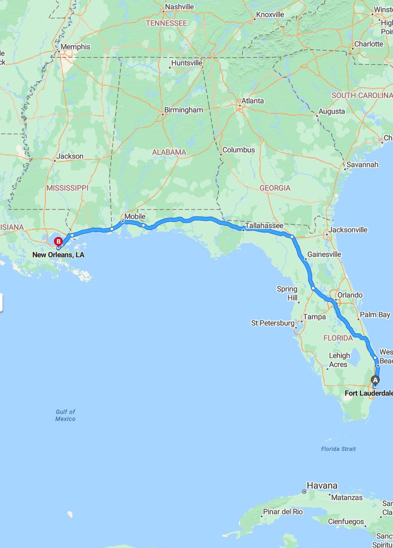 driving from Fort Lauderdale, Florida to New OrleansLouisiana - map and route