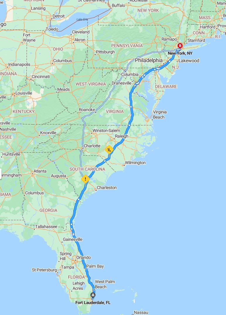 driving from Fort Lauderdale, Florida to New YorkNew York - map and route