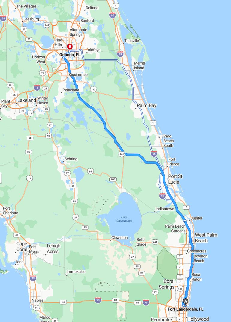 driving from Fort Lauderdale, Florida to OrlandoFlorida - map and route