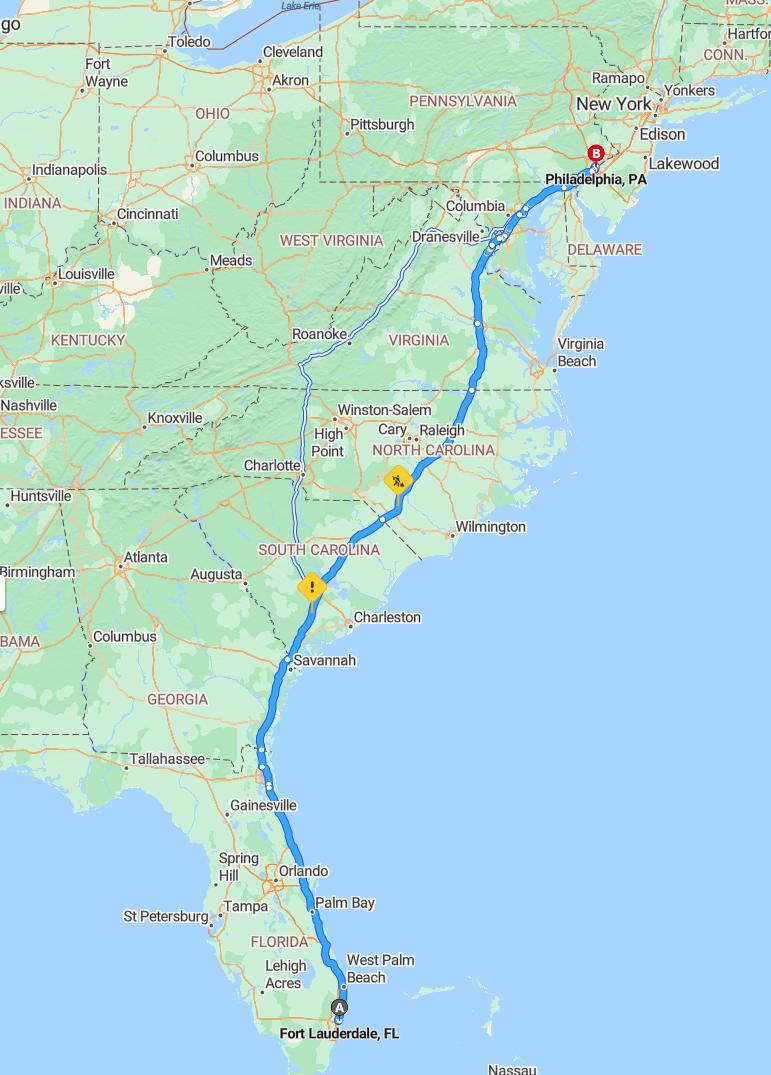 driving from Fort Lauderdale, Florida to PhiladelphiaPennsylvania - map and route