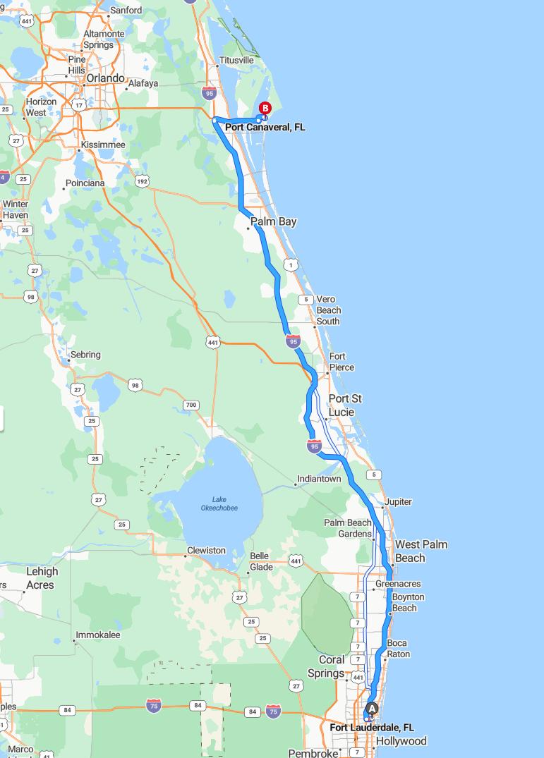 driving from Fort Lauderdale, Florida to Port CanaveralFlorida - map and route