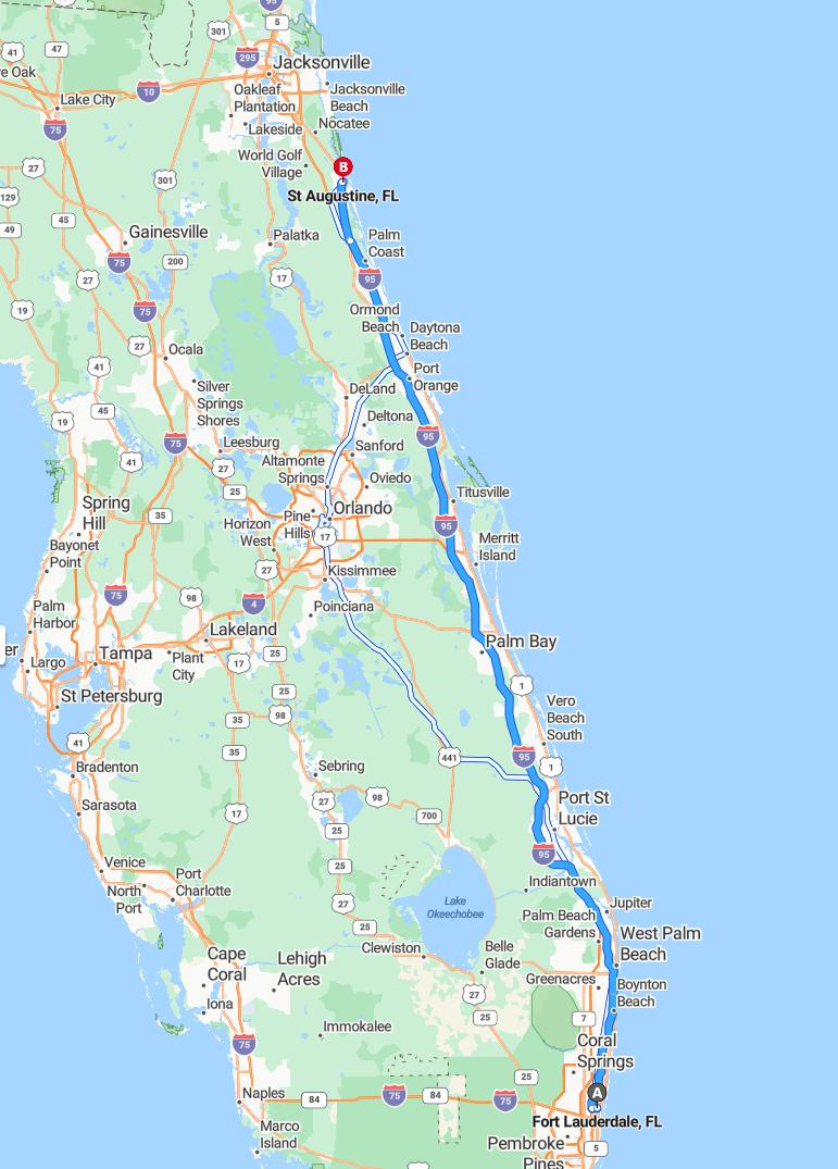 driving from Fort Lauderdale, Florida to St. AugustineFlorida - map and route