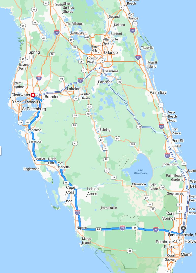 driving from Fort Lauderdale, Florida to TampaFlorida - map and route