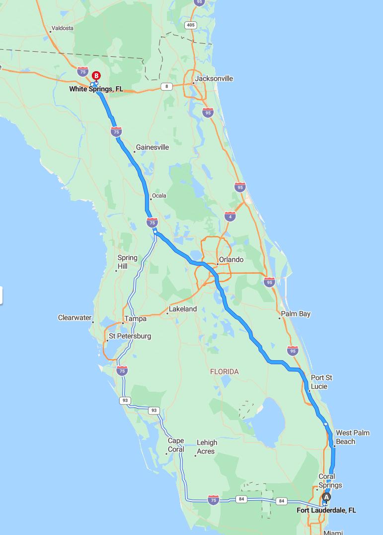 driving from Fort Lauderdale, Florida to White SpringsFlorida - map and route