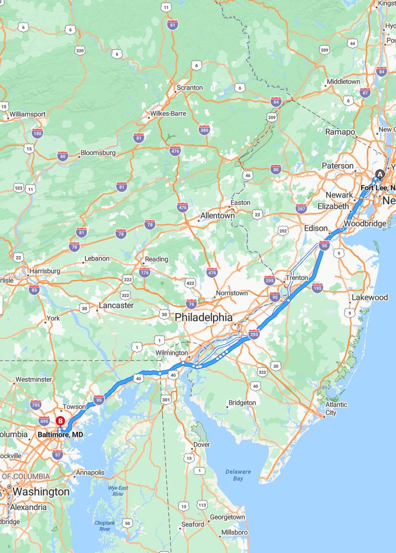 driving from Fort Lee, New Jersey to BaltimoreMaryland - map and route
