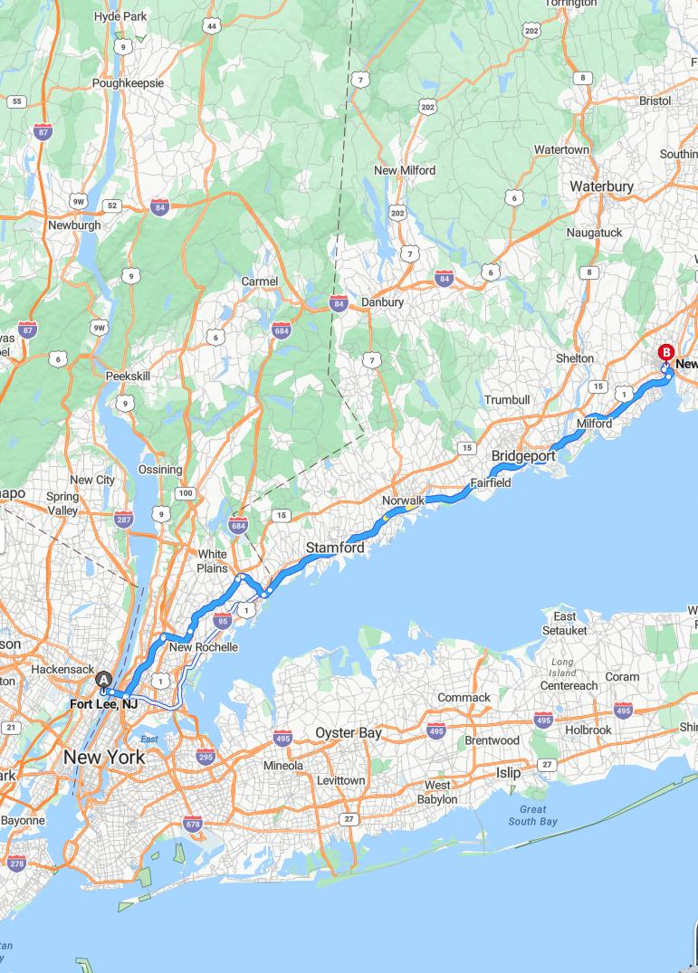driving from Fort Lee, New Jersey to New HavenConnecticut - map and route