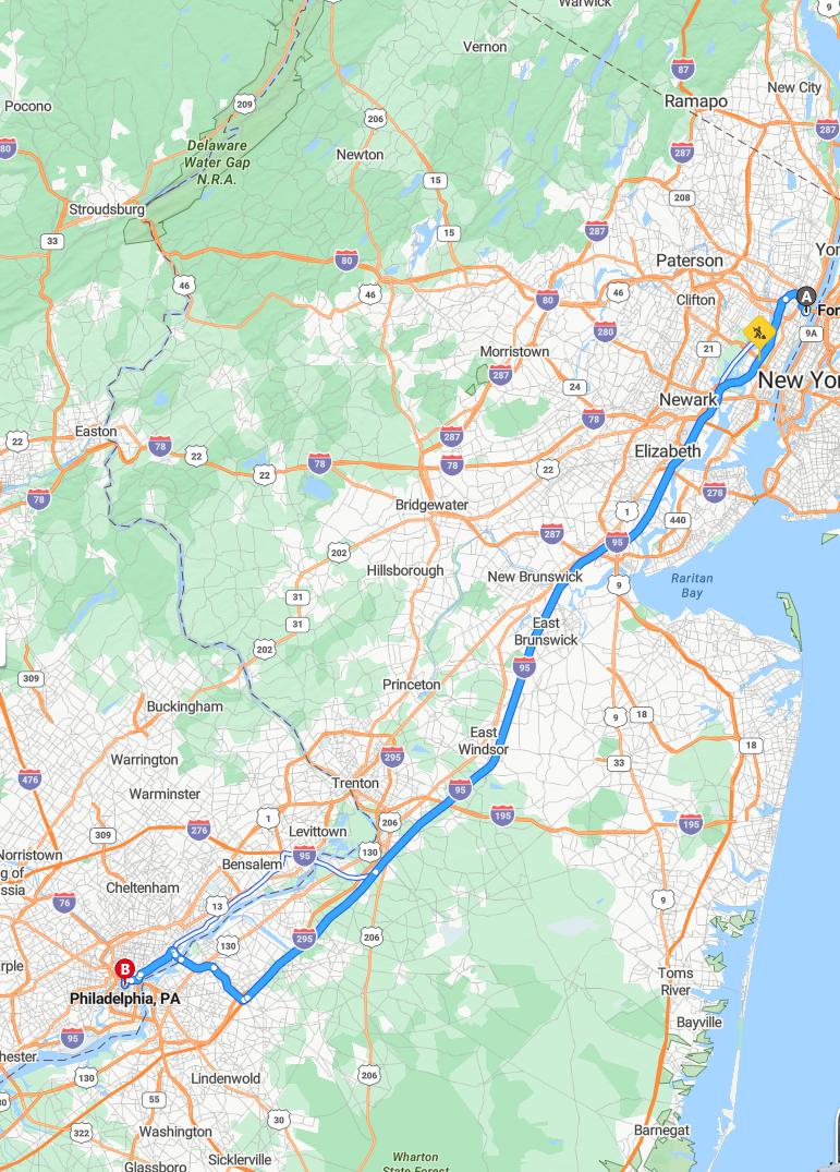 driving from Fort Lee, New Jersey to PhiladelphiaPennsylvania - map and route