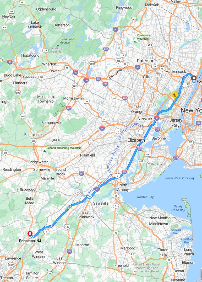 driving from Fort Lee, New Jersey to PrincetonNew Jersey - map and route