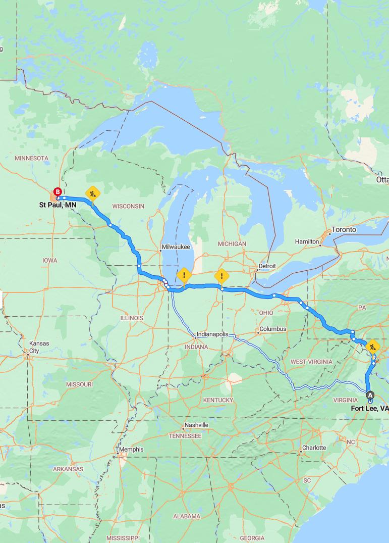 driving from Fort Lee, Virginia to Saint PaulMinnesota - map and route