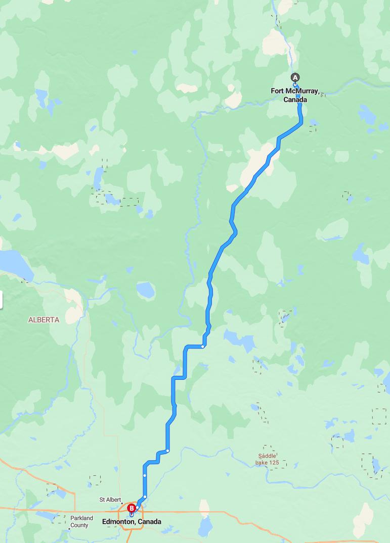 driving from Fort McMurray, Alberta to EdmontonAlberta - map and route