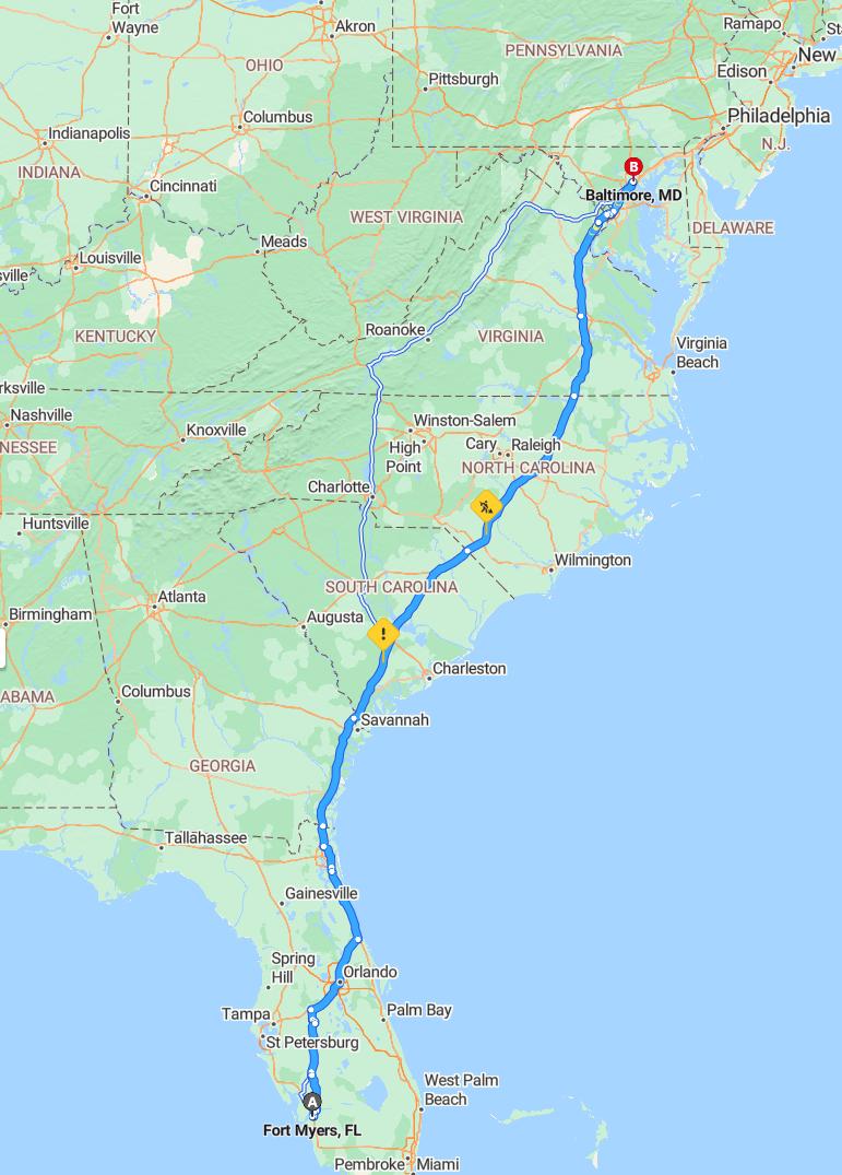 driving from Fort Myers, Florida to BaltimoreMaryland - map and route