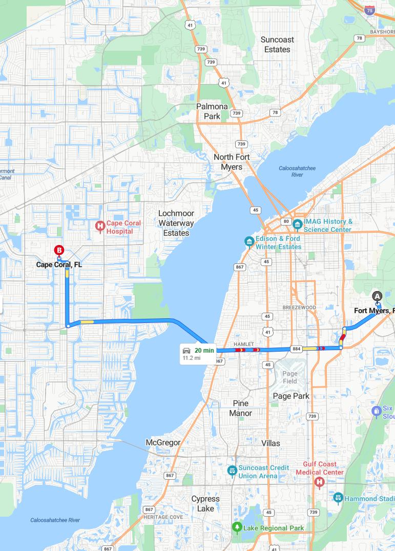 driving from Fort Myers, Florida to Cape CoralFlorida - map and route
