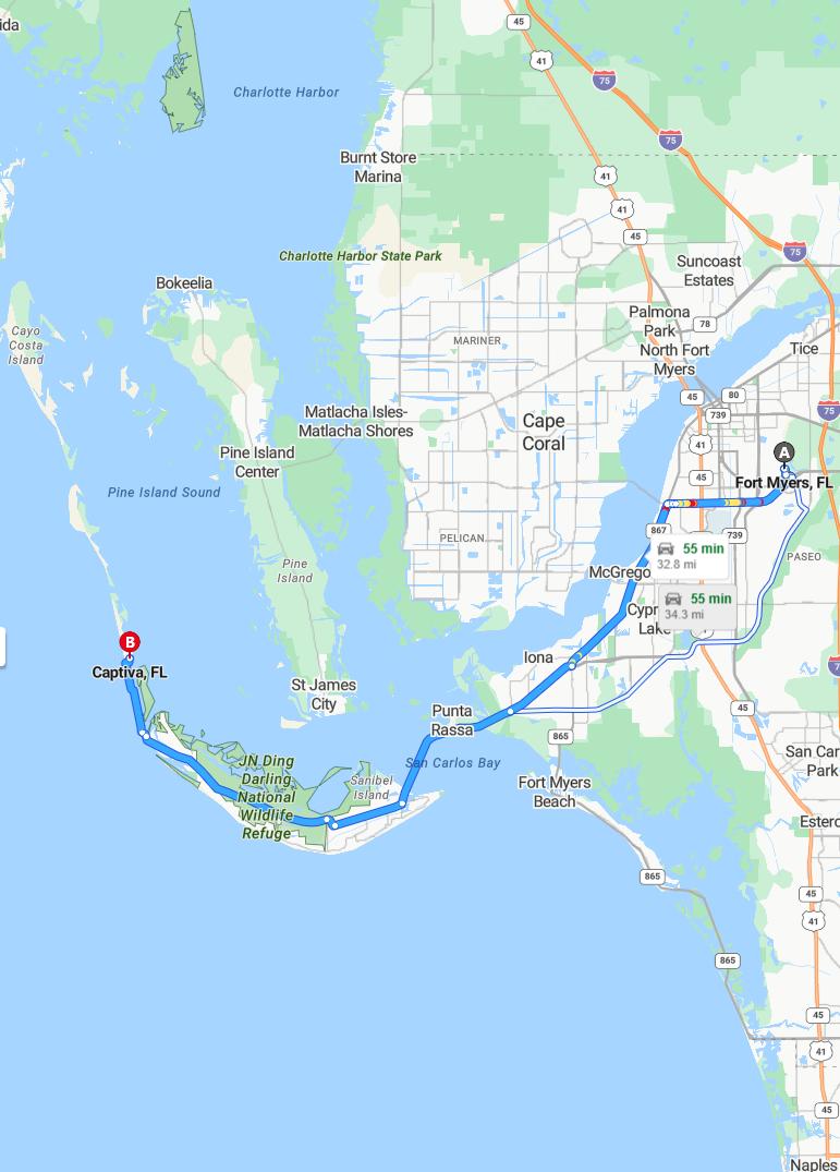 driving from Fort Myers, Florida to CaptivaFlorida - map and route