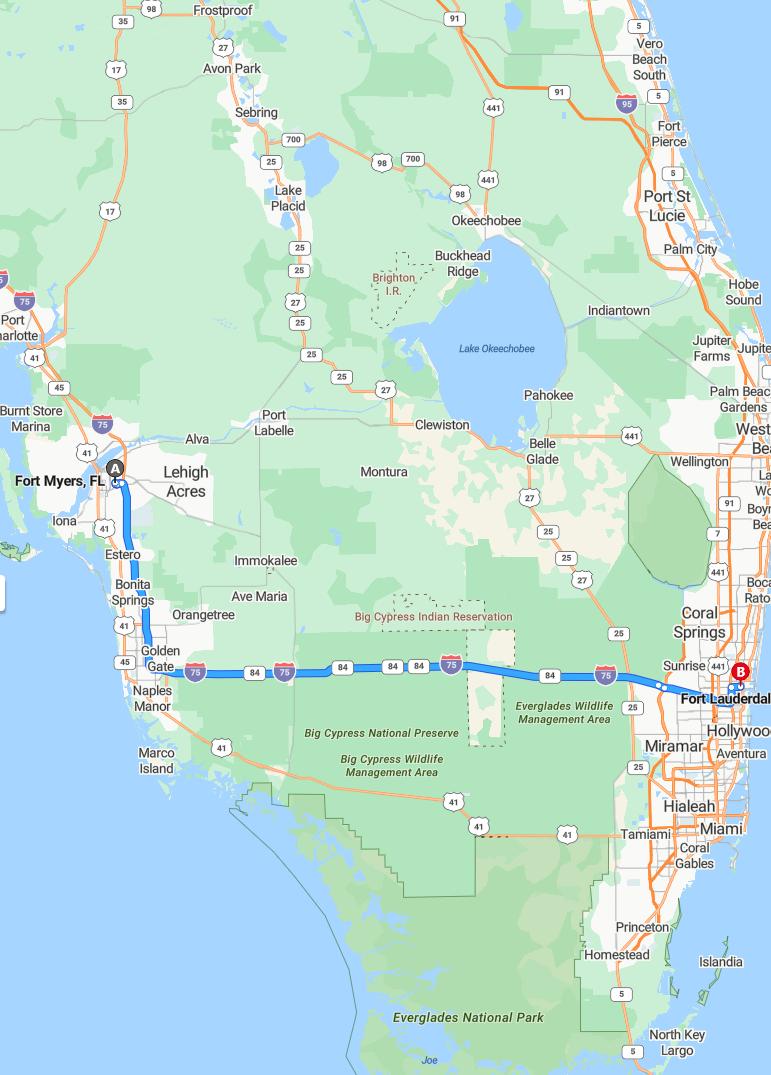 driving from Fort Myers, Florida to Fort LauderdaleFlorida - map and route